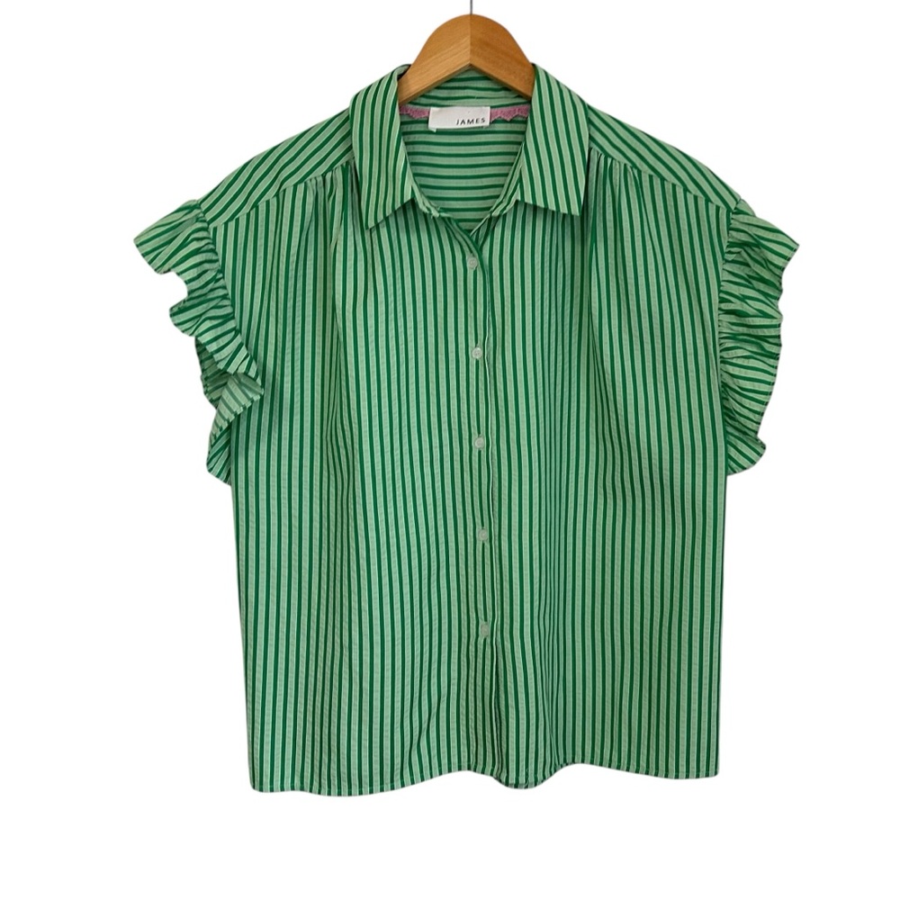 James Womens Ruffle Cap Sleeve Striped Button Up Top Sz Medium Green